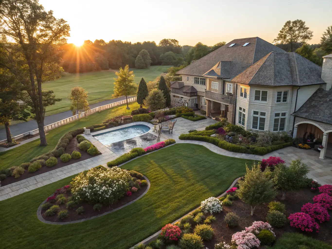 An aerial view of a luxury home with a well-manicured lawn and swimming pool, demonstrating the photographer's expertise in capturing exterior spaces from unique perspectives.
