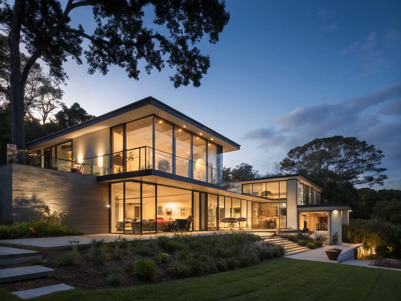 A twilight shot of a home with warm interior lights glowing, set against a dark blue sky, illustrating the photographer's skill in capturing dramatic and appealing twilight images.